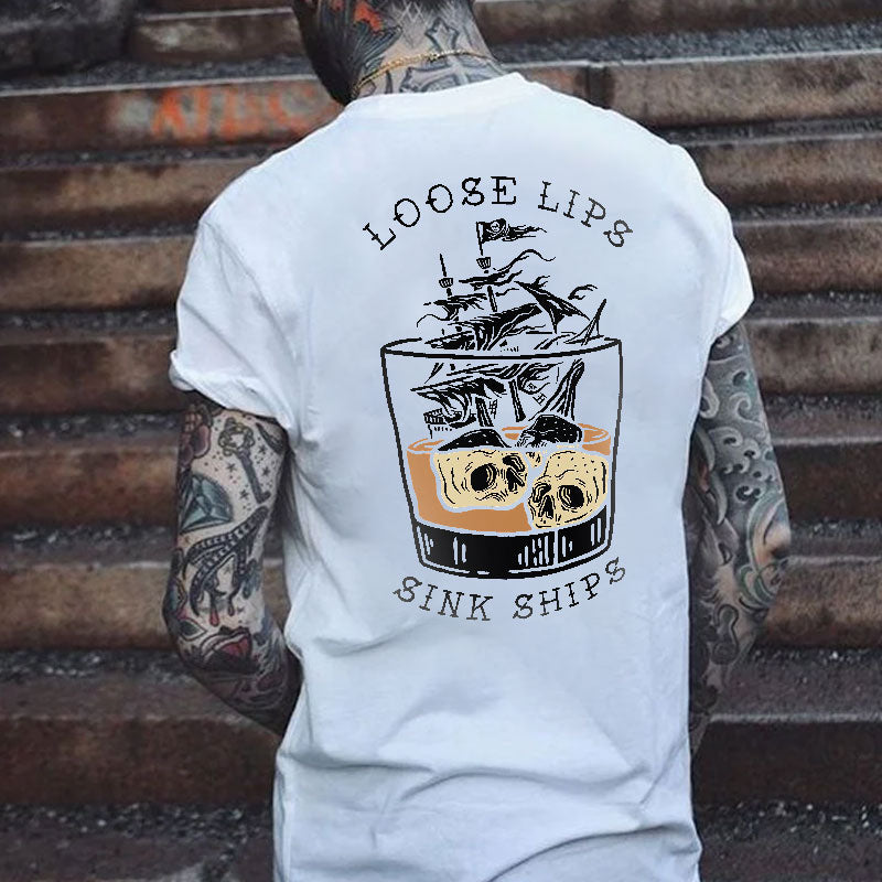 LOOSE LIPS SINK SHIPS Skulls Ship in the Water Graphic White Print T-shirt