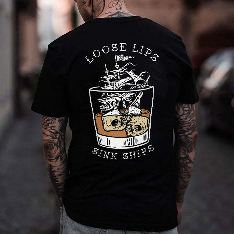 LOOSE LIPS SINK SHIPS Skulls Ship in the Water Graphic White Print T-shirt