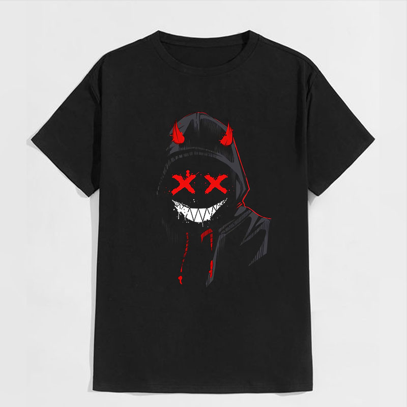 Evil Emoji Skull in Cloak Graphic Black Print T-Shirt