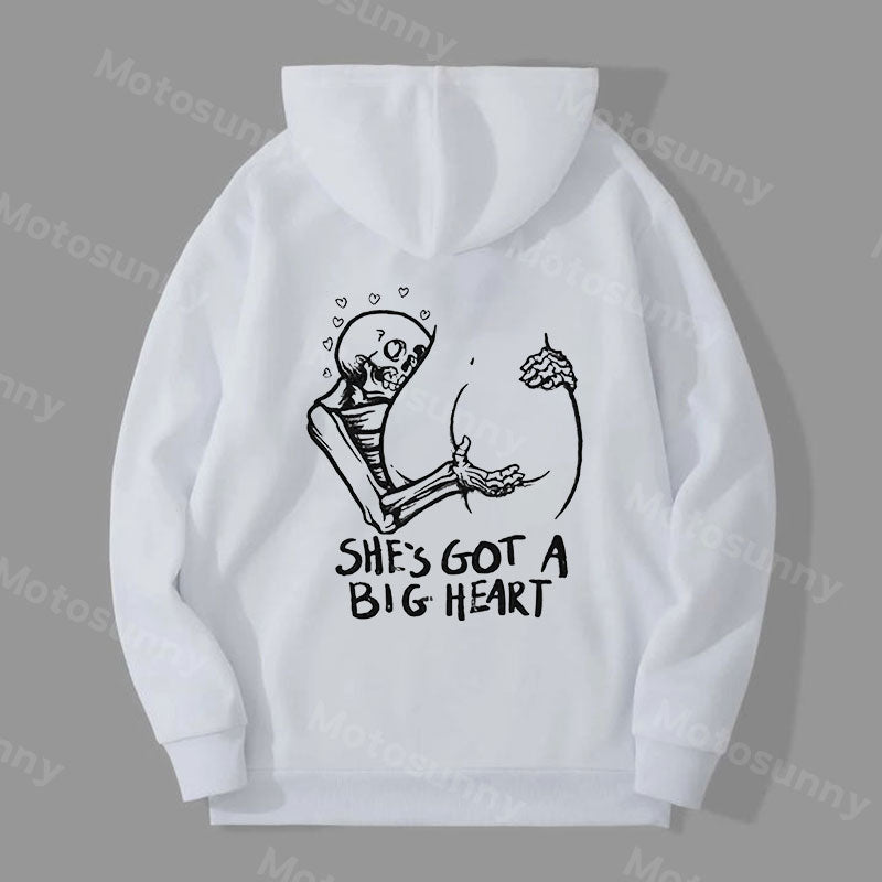 SHE'S GOT A BIG HEART Skull Sexy Ass White Print Hoodie