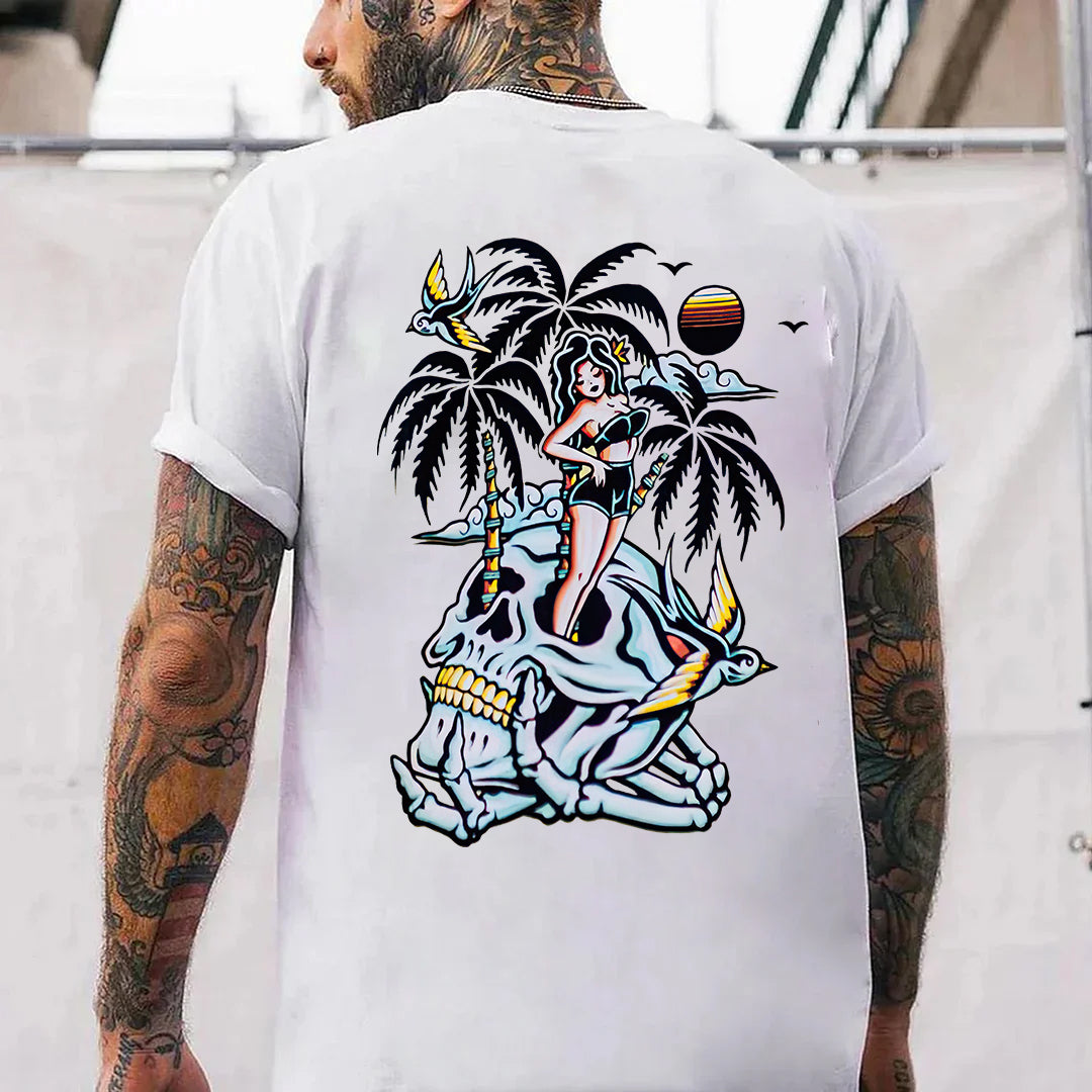 Skull Coconut Tree Printed Casual Men's T-shirt