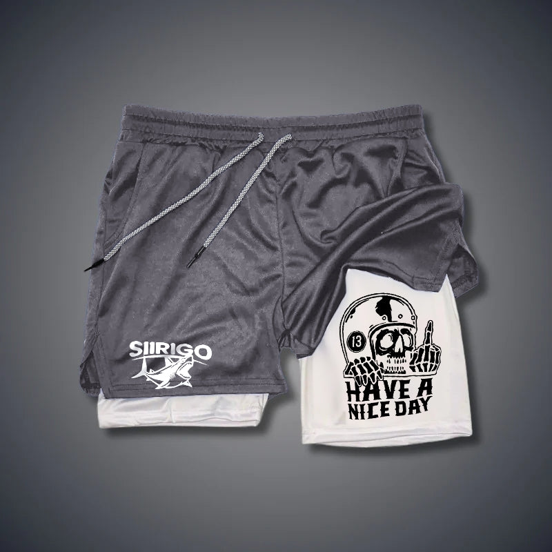 HAVE A NICE DAY Skull with Helmet 2 In 1 GYM PERFORMANCE SHORTS