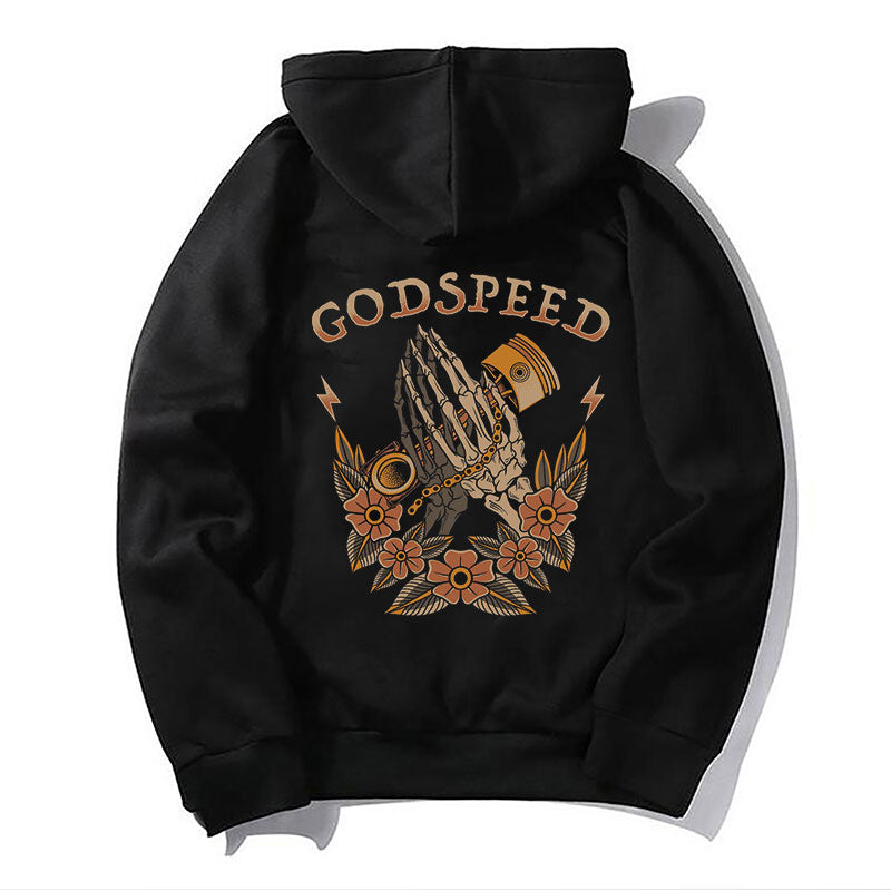 GODSPEED Skull Pray Flowers Graphic Casual Black Print Hoodie