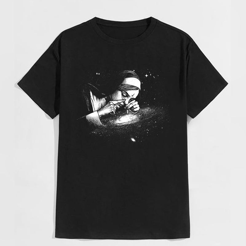 Nun Smoking Dark Style Black Print T-shirt