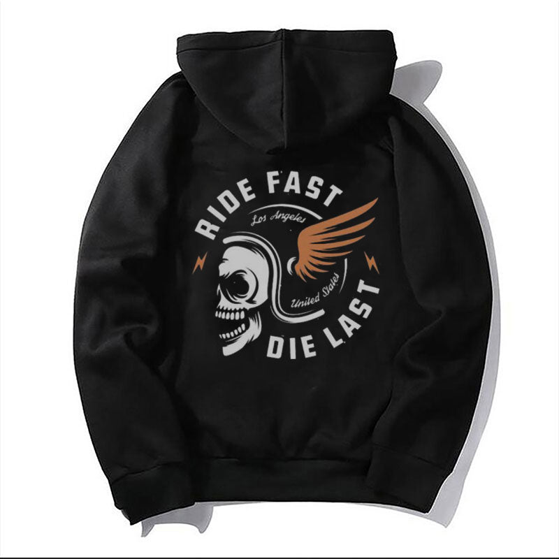 RIDE FAST DIE LAST Skull with Helmet Wings Casual Black Print Hoodie