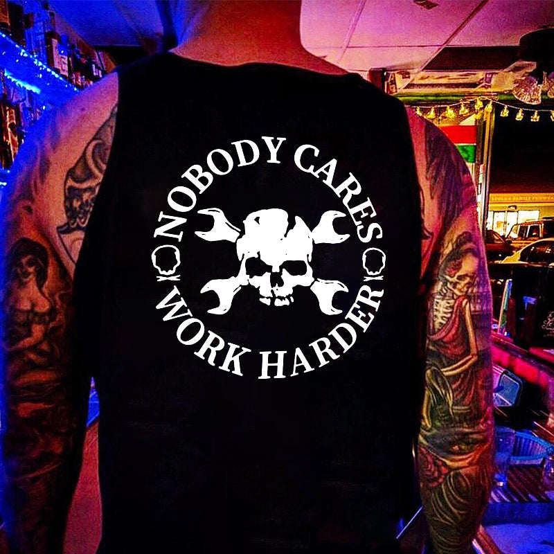 NOBODY CARES WORK HARDERS Skull Black Print Vest