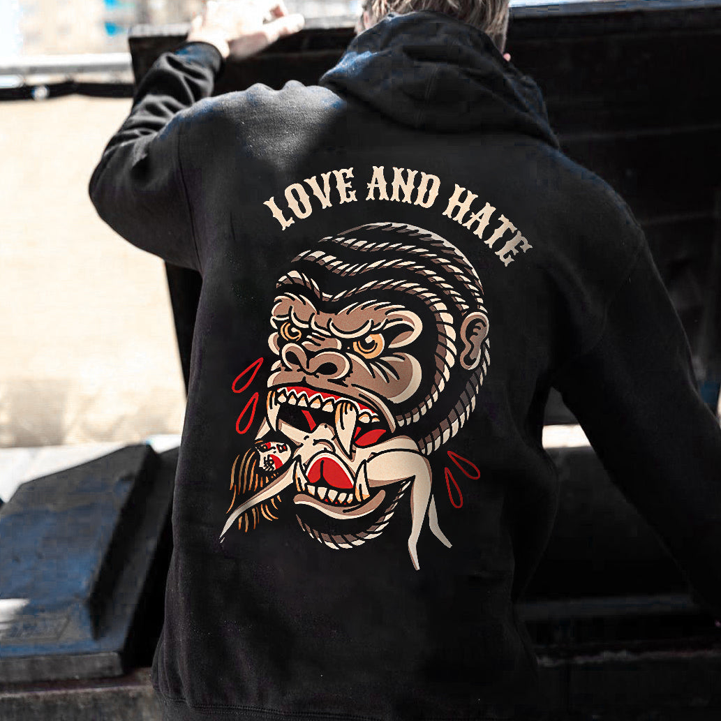 Love And Hate Orangutan And Woman Print Hoodie