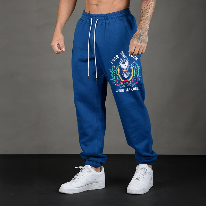 FUCK LUCK WORK HARDER HAND FLOWERS GRAPHIC CASUAL PRINT JOGGERS