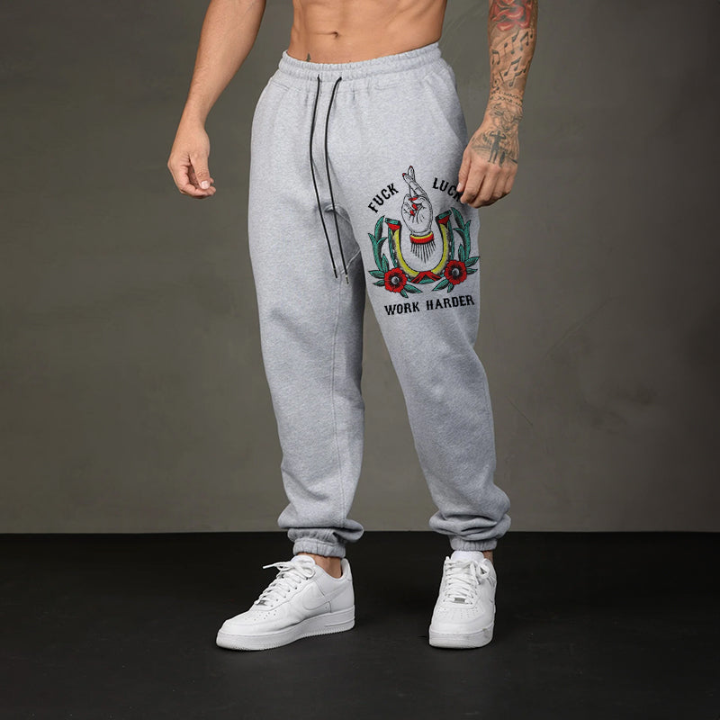 FUCK LUCK WORK HARDER HAND FLOWERS GRAPHIC CASUAL PRINT JOGGERS