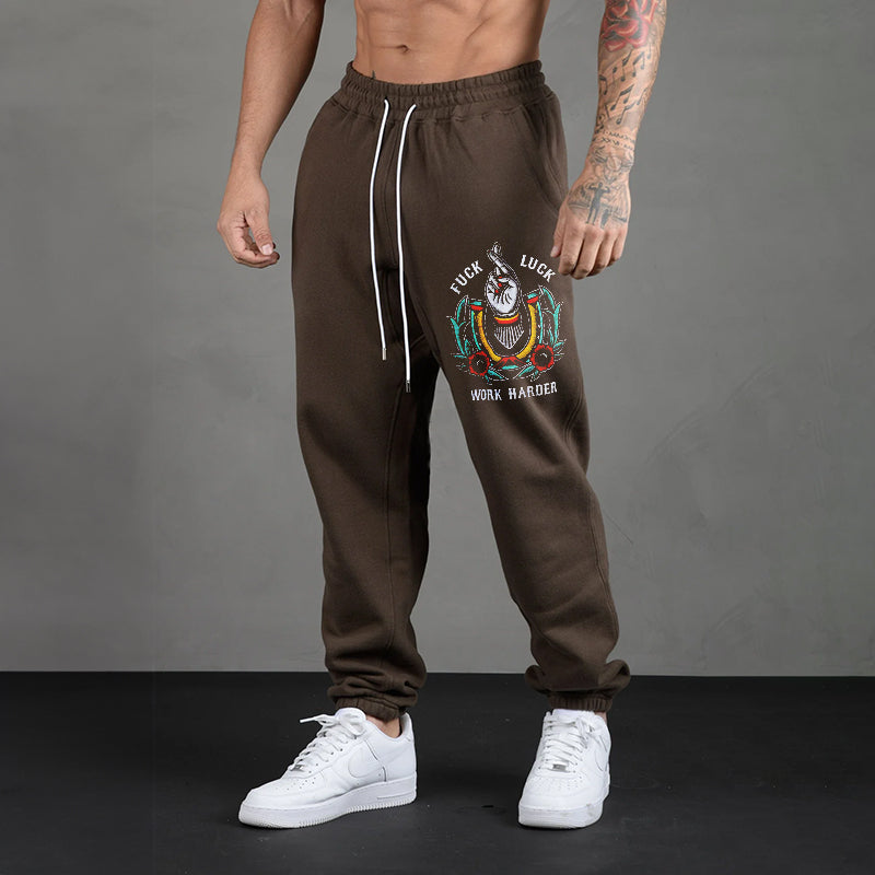 FUCK LUCK WORK HARDER HAND FLOWERS GRAPHIC CASUAL PRINT JOGGERS