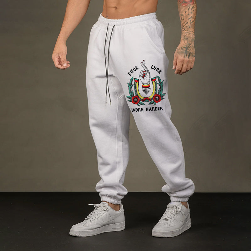 FUCK LUCK WORK HARDER HAND FLOWERS GRAPHIC CASUAL PRINT JOGGERS