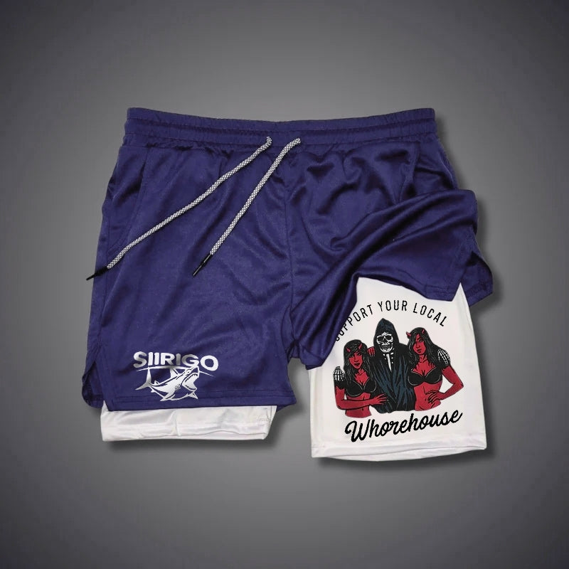 SUPPORT YOUR LOCAL WHOREHOUSE Skull with Sexy Ladies GYM PERFORMANCE SHORTS