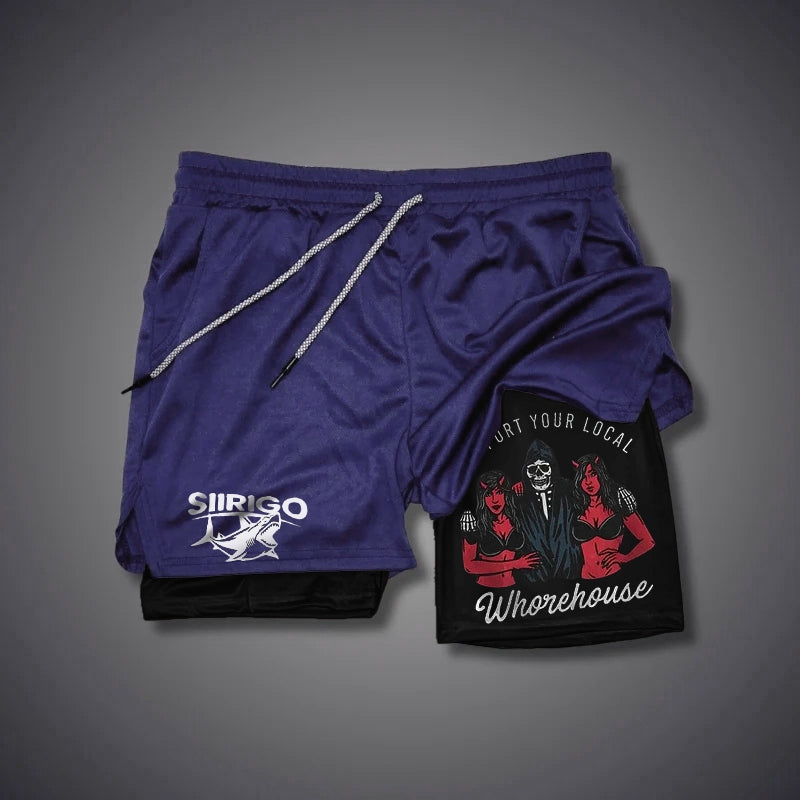 SUPPORT YOUR LOCAL WHOREHOUSE Skull with Sexy Ladies GYM PERFORMANCE SHORTS