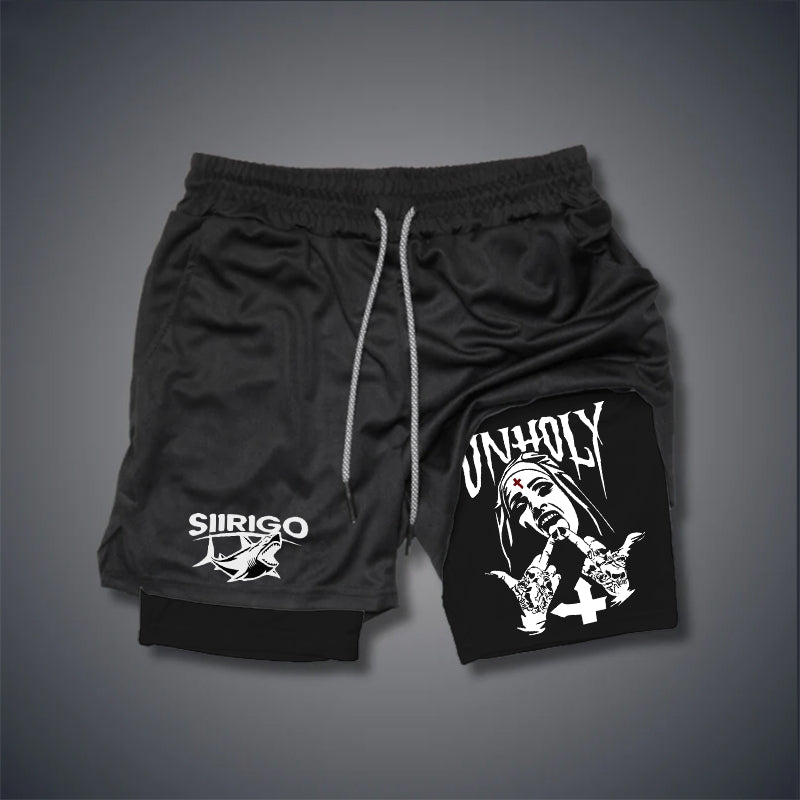 UNHOLY Nun with Crucifix on Forehead Graphic GYM PERFORMANCE SHORTS