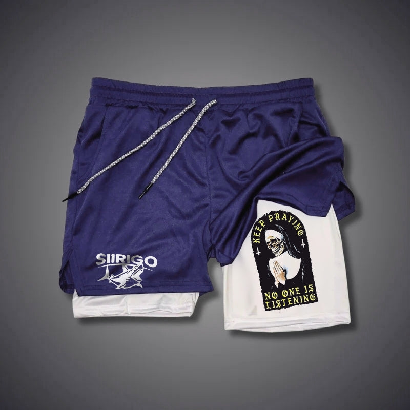 KEEP PRAYING NO ONE IS LISTENING Skull Graphic Print GYM PERFORMANCE SHORTS