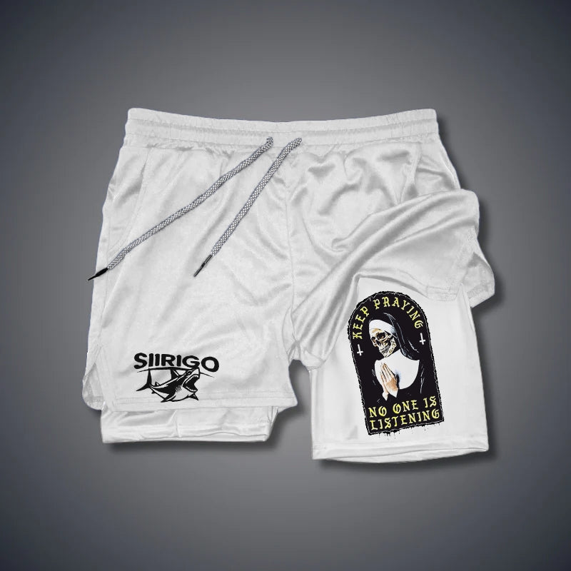 KEEP PRAYING NO ONE IS LISTENING Skull Graphic Print GYM PERFORMANCE SHORTS