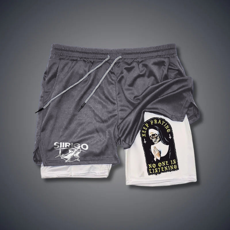 KEEP PRAYING NO ONE IS LISTENING Skull Graphic Print GYM PERFORMANCE SHORTS