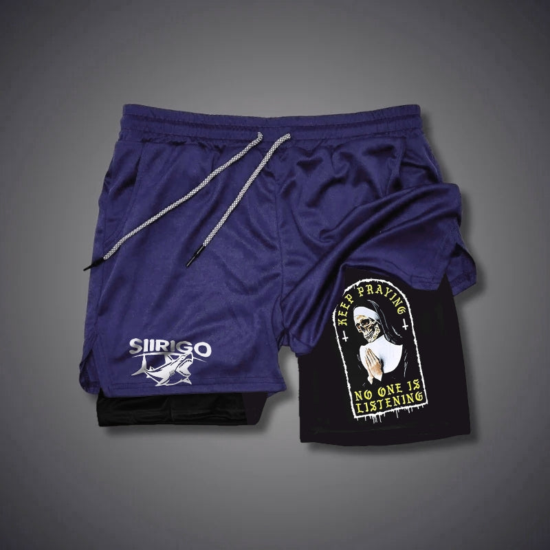 KEEP PRAYING NO ONE IS LISTENING Skull Graphic Print GYM PERFORMANCE SHORTS