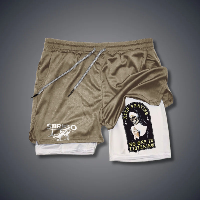 KEEP PRAYING NO ONE IS LISTENING Skull Graphic Print GYM PERFORMANCE SHORTS