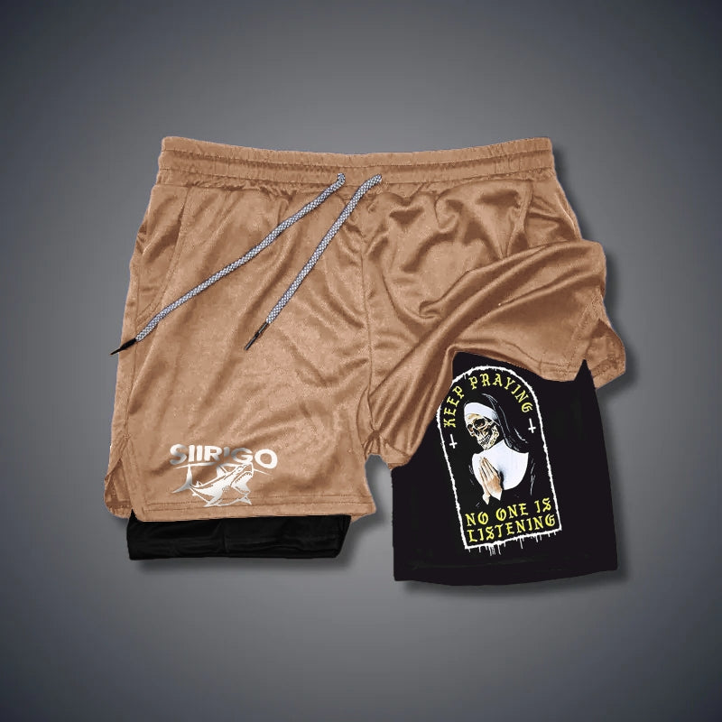 KEEP PRAYING NO ONE IS LISTENING Skull Graphic Print GYM PERFORMANCE SHORTS