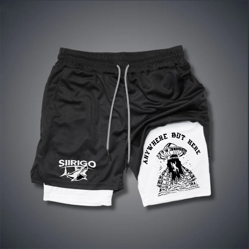 ANY WHERE BUT HERE UFO PRINTED 2 In 1 GYM PERFORMANCE SHORTS