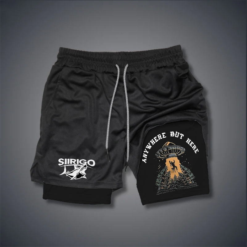 ANY WHERE BUT HERE UFO PRINTED 2 In 1 GYM PERFORMANCE SHORTS