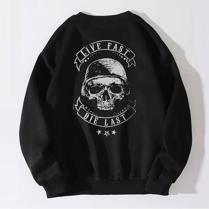 LIVE FAST DIE LAST Skull with Helmet Graphic Black Print Sweatshirt