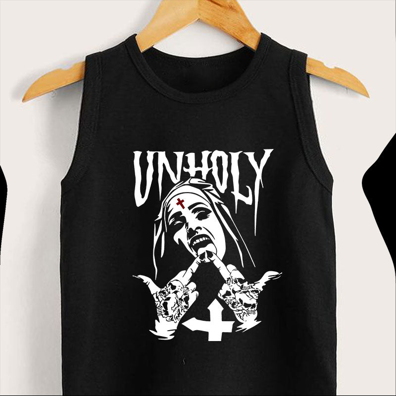 UNHOLY Nun with Crucifix Graphic Black Print Vest