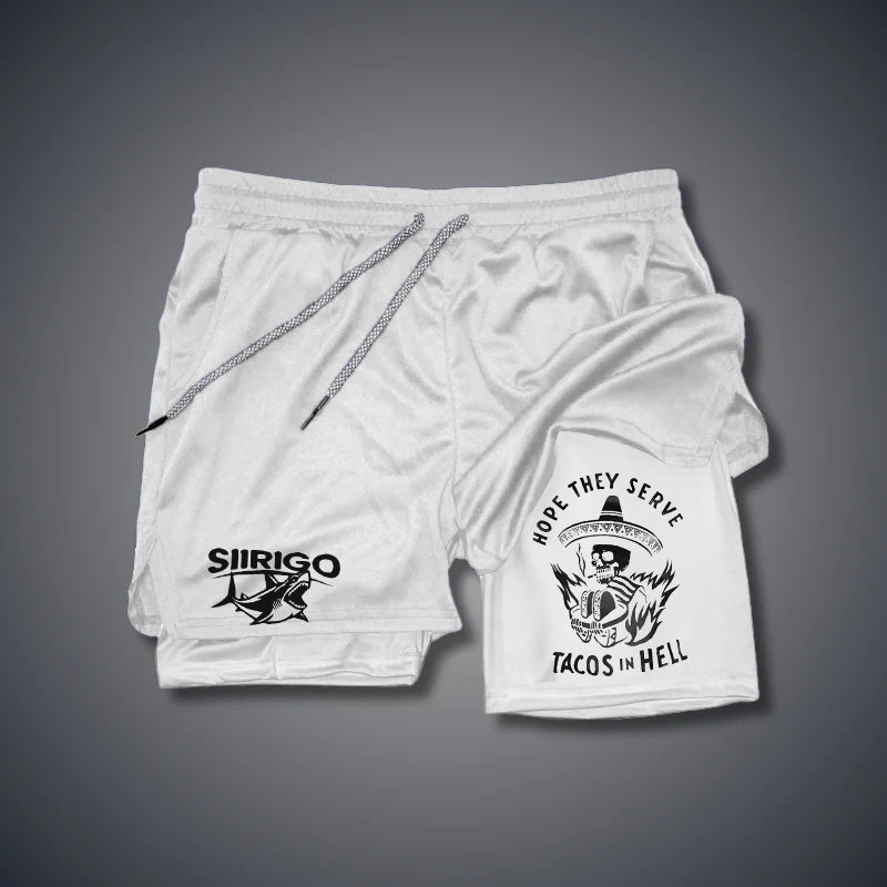 HOPE THEY SERVE TACOS IN HELL Smoking Skull Graphic GYM PERFORMANCE SHORTS