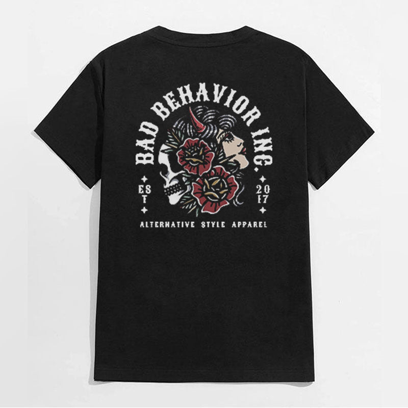 BAD BEHAVIOR Skull Roses Graphic Black Print T-shirt