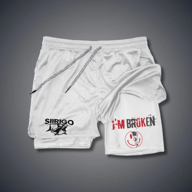 I’M BROKEN and Smiling Face Skull Graphic GYM PERFORMANCE SHORTS