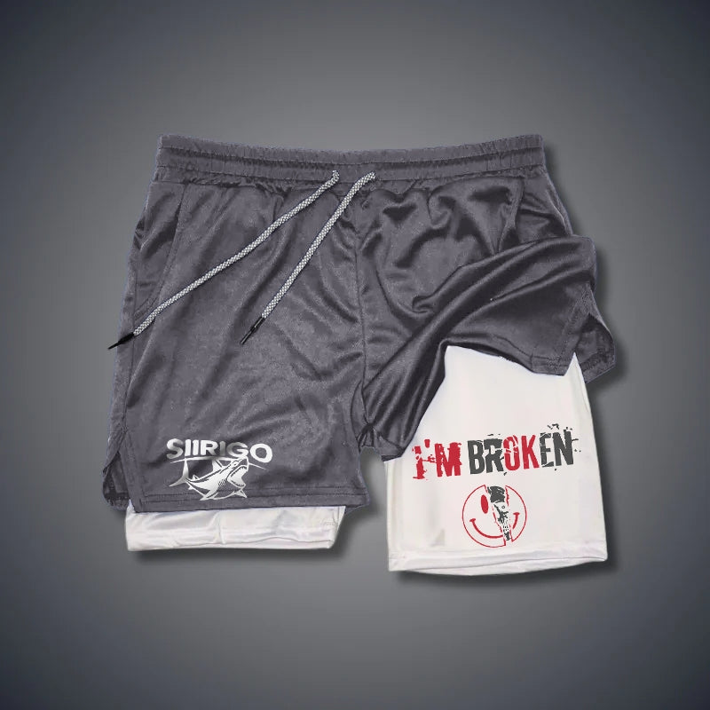 I’M BROKEN and Smiling Face Skull Graphic GYM PERFORMANCE SHORTS