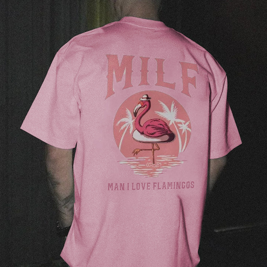 MILF MAN I LOVE FLAMINGOS Graphic Black Print T-shirt