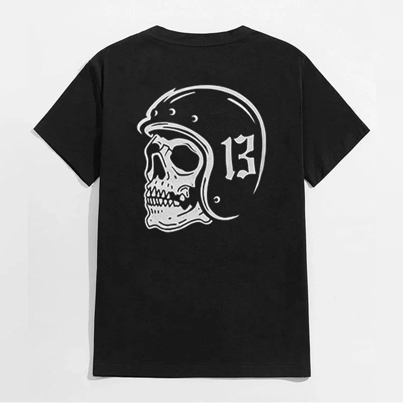 Skull with Helmet Graphic Casual Black Print T-shirt