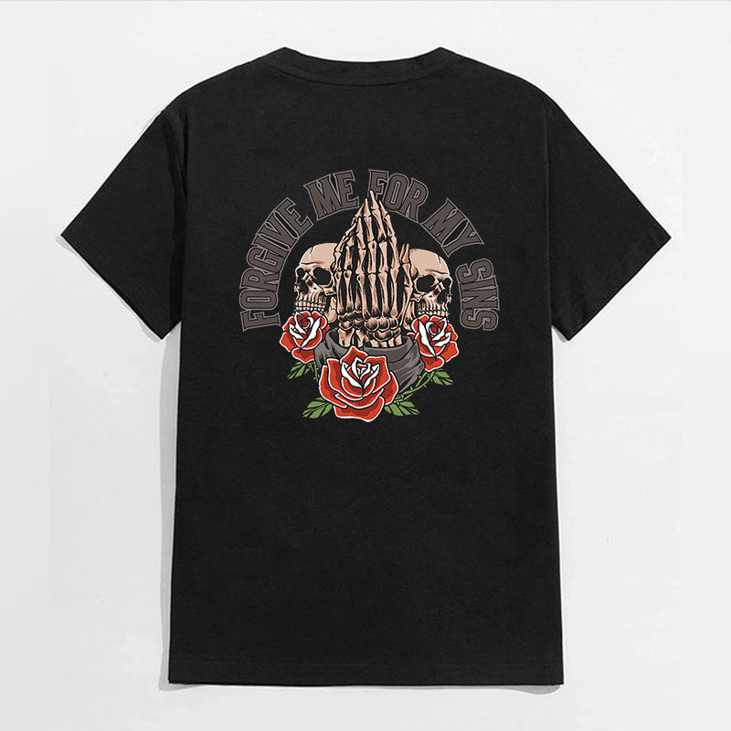 FORGIVE ME FOR MY SINS Skulls with Roses Black Print T-Shirt