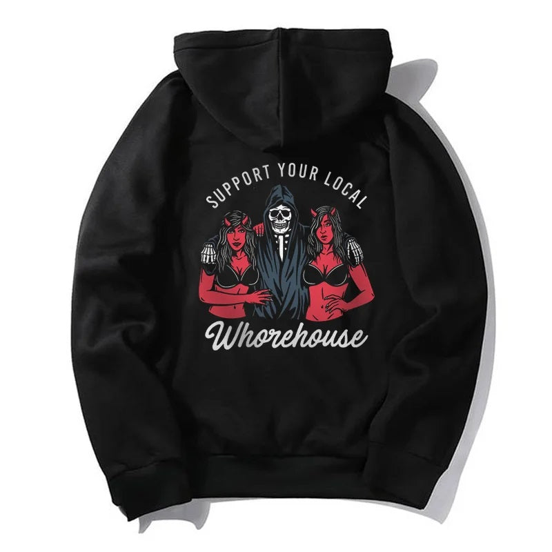 SUPPORT YOUR LOCAL WHOREHOUSE Skull Sexy Graphic Black Print Hoodie