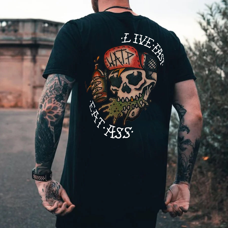 Live Fast Eat Ass Skull Print Men's T-shirt