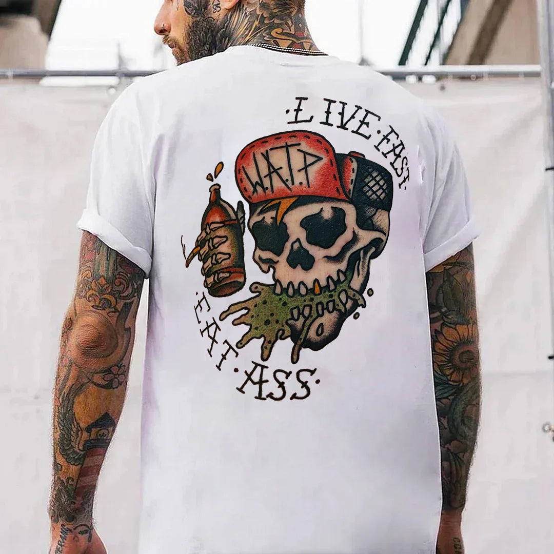 Live Fast Eat Ass Skull Print Men's T-shirt