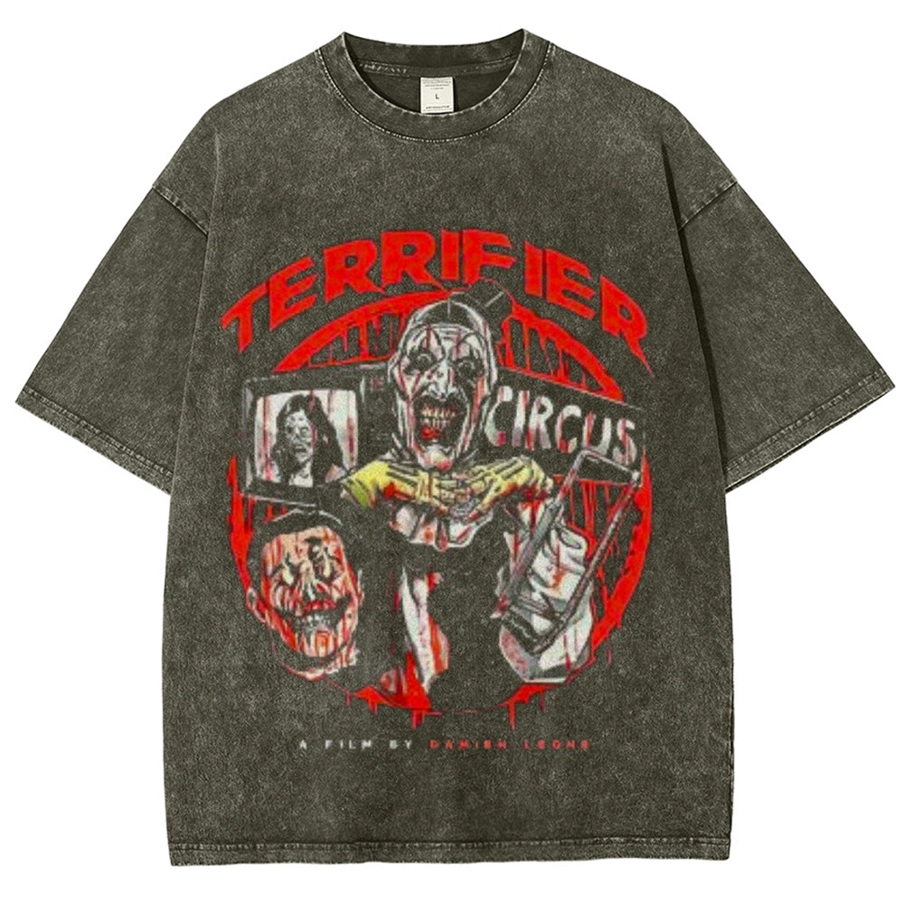 Unisex Vintage Terrifier Horror Graphic Short Sleeve Washed T-shirt