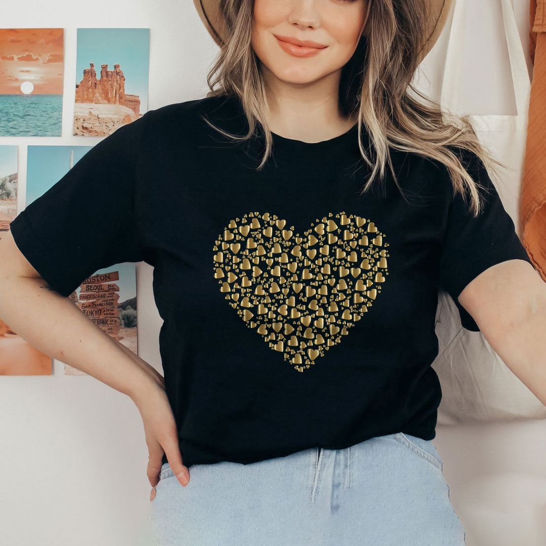 Women Valentine's Day Love Golden Heart Print Graphic T-shirt