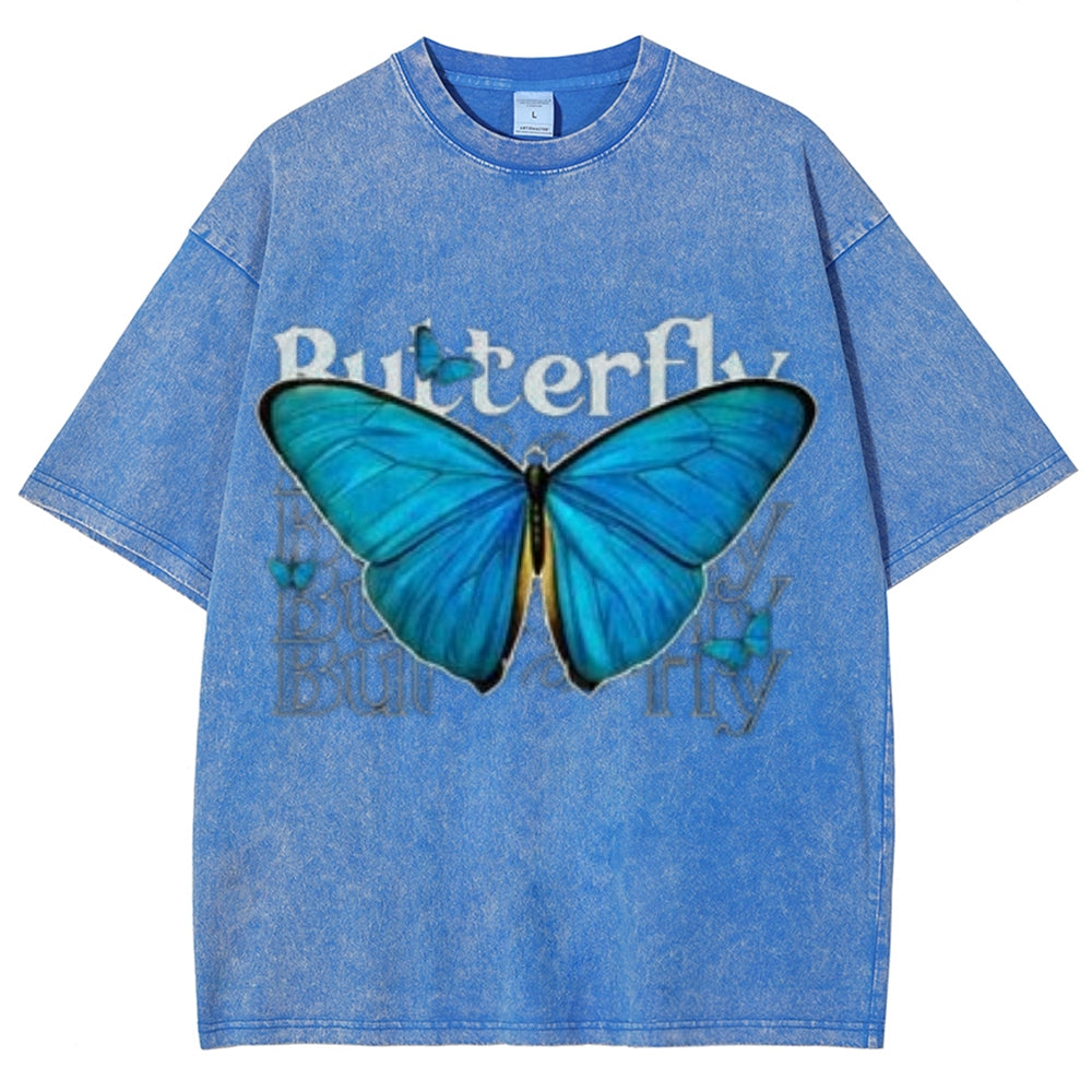 Women Washed Vintage Blue Butterfly Graphic Tee