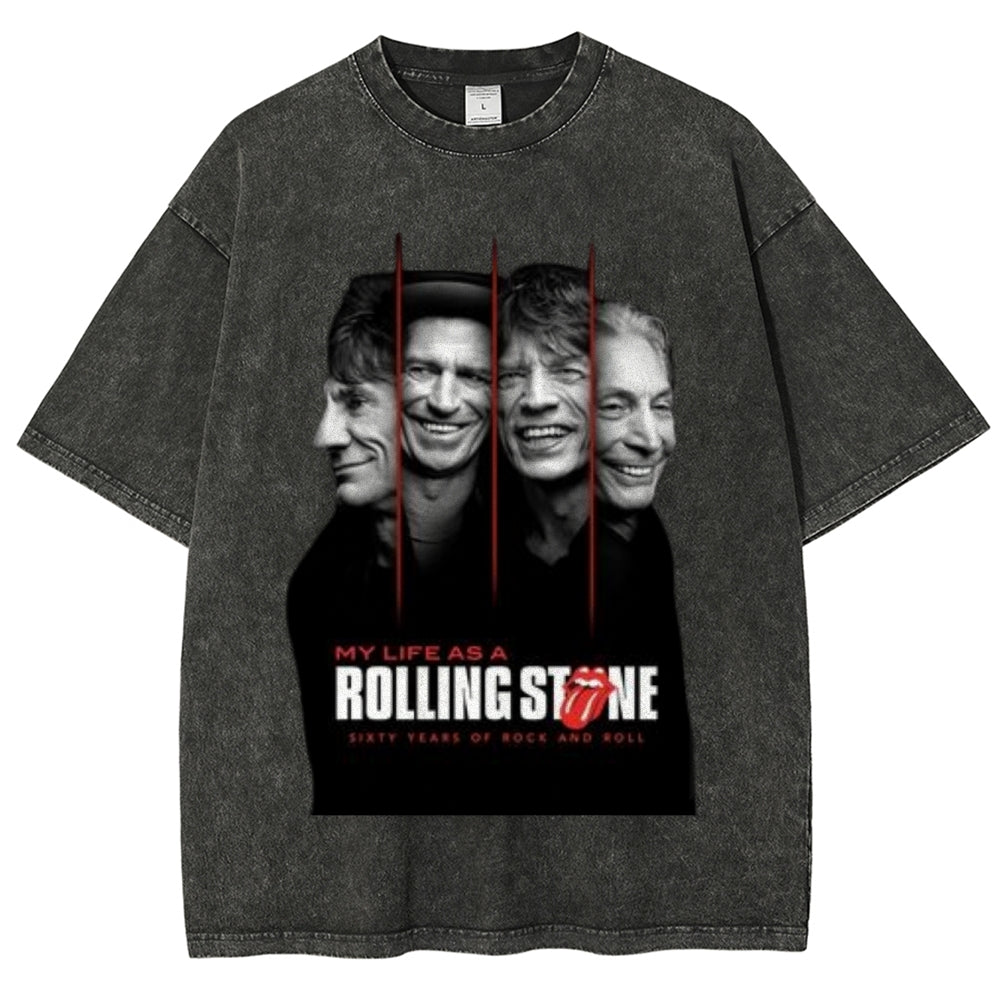 Unisex Vintage The Rolling Stone Rock Band Print Short Sleeve Casual Graphic Washed T-shirt