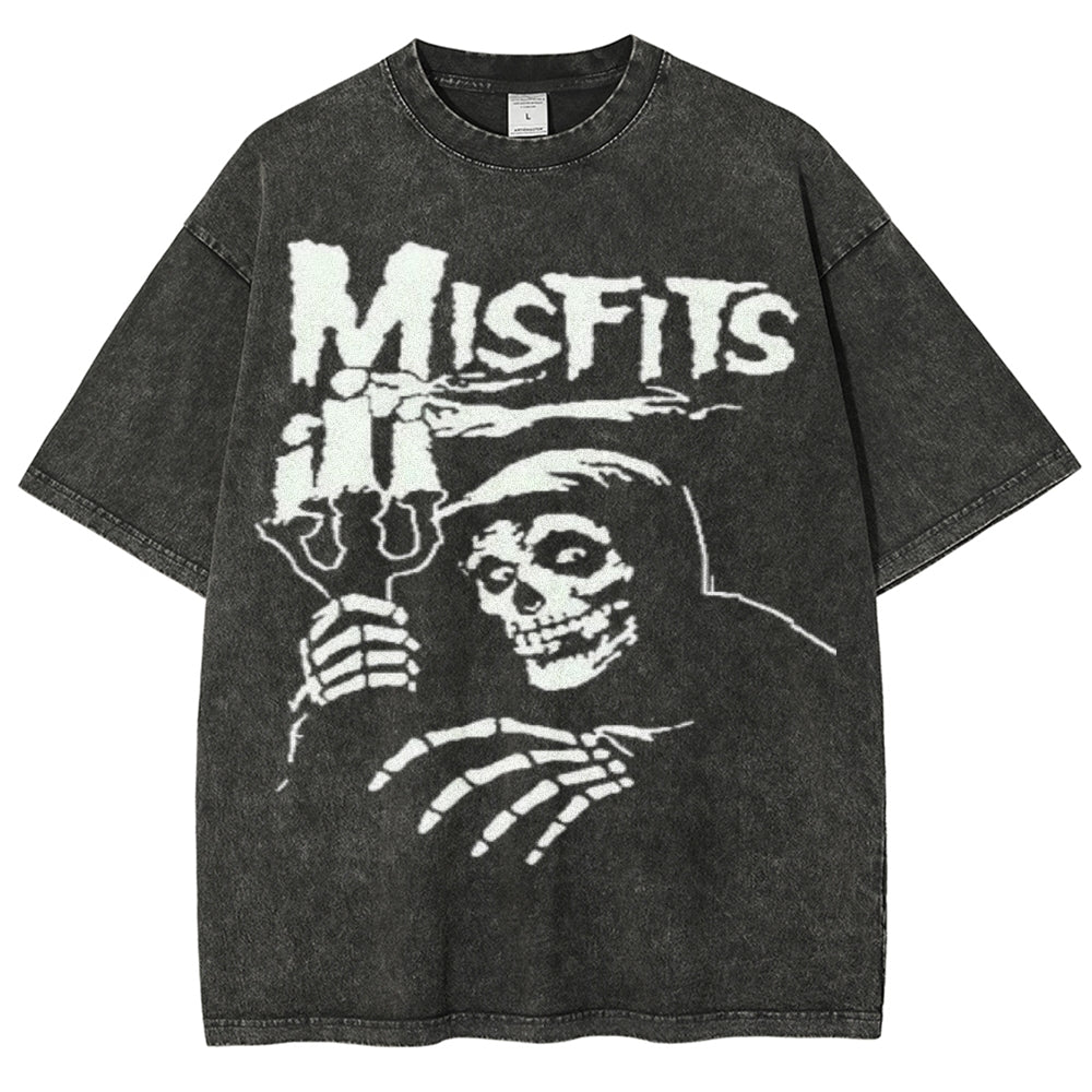 Unisex Vintage The Misfits Rock Band Print Short Sleeve Casual Graphic Washed T-shirt