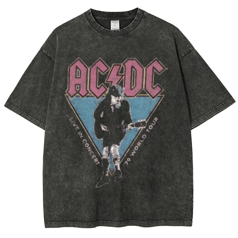 Unisex Vintage The Acdc Rock Band Print Short Sleeve Casual Graphic Washed T-shirt