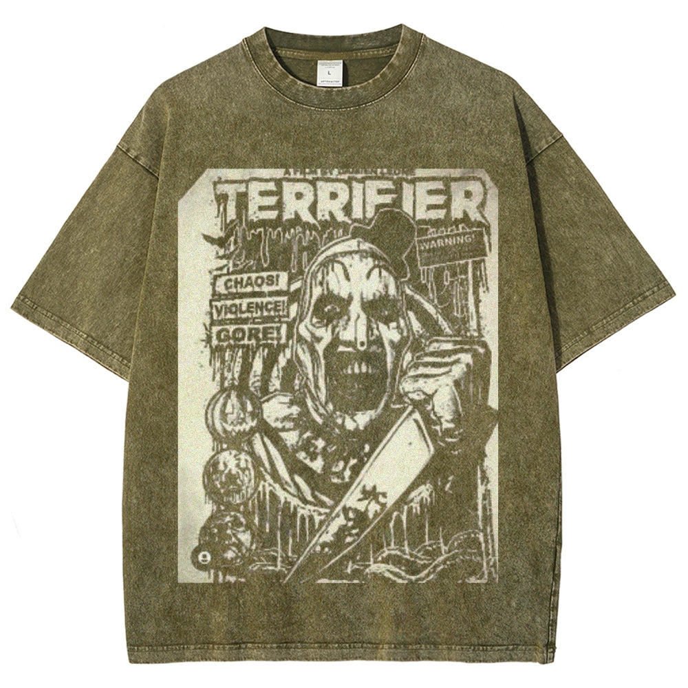 Unisex Vintage Terrifier Horror Graphic Short Sleeve Washed T-shirt