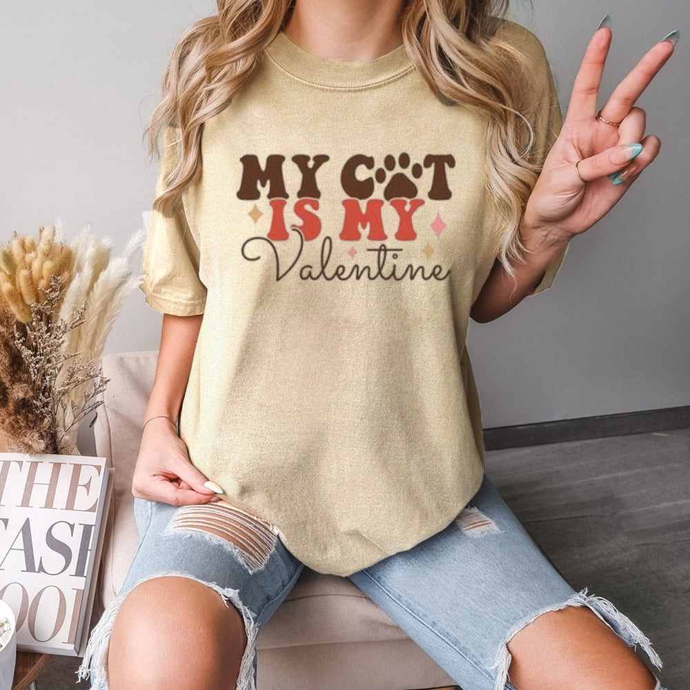 Women My Cat Is My Valentine's Day Print Graphic T-shirt