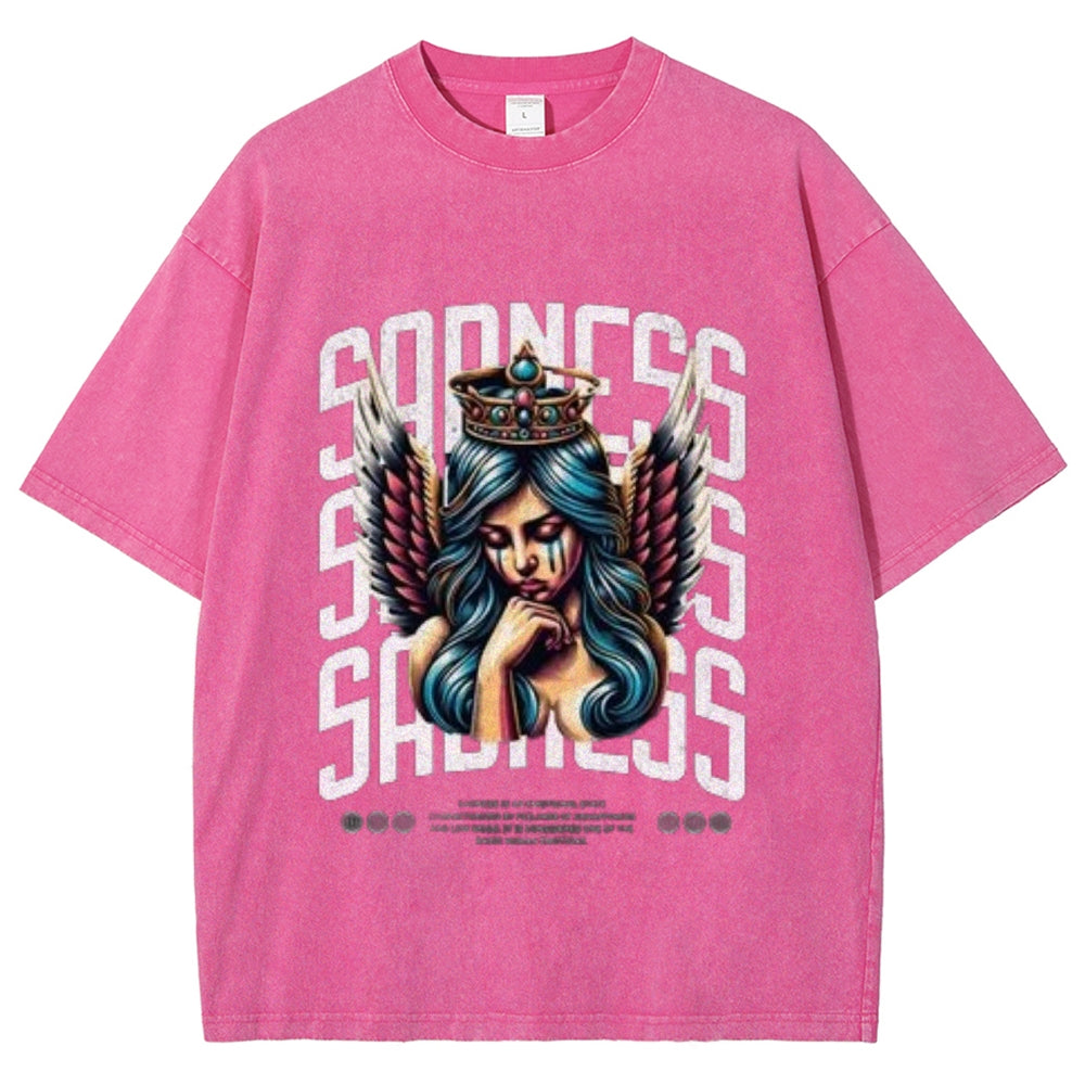 Women Washed Vintage Sading Angel Graphic T-shirt