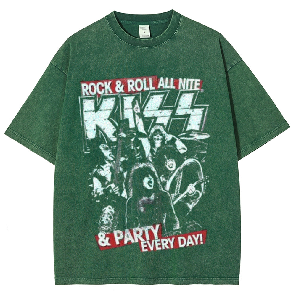 Unisex Vintage The Kiss Rock Band Print Short Sleeve Casual Graphic Washed T-shirt