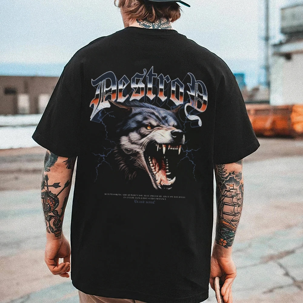 Mens Vintage Fierce Wolf Darkness Style Print Graphic Tee