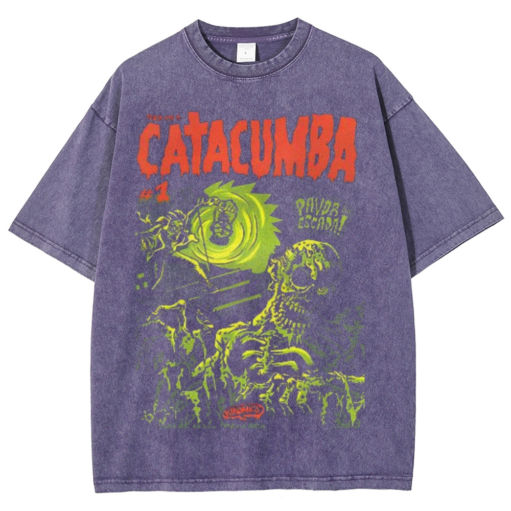 Unisex Vintage Catacumba Horror Graphic Short Sleeve Washed T-shirt